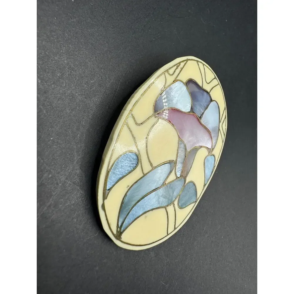 Vintage Mother of Pearl Abalone Shell Inlay Flower Oval Brooch Pin 2.4